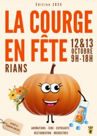 Affiche de la manifestation La courge en fête : sur un fond clairs, les informations de l'événement et le dessin d'une courge animée