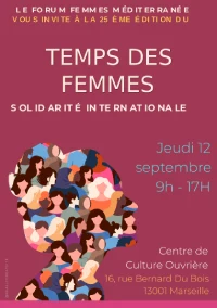 Affiche sur fonde rose foncé présentant un programme en lettres blanches et sur la gauche un dessin