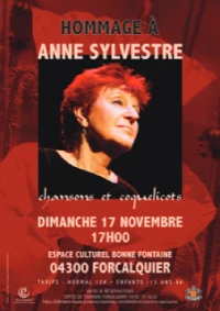 Visuel en rouge et noir d'un spectacle dédié à Anne Sylvestre avec une photo de l'artiste et les informations de l'événement