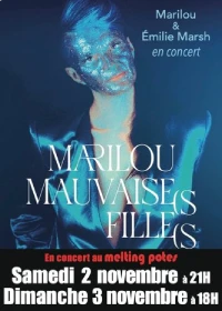 Visuel d'un concert avec les informations de l'événement et sur le fond une femme avec un maquillage futuriste