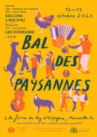 Visuel du festival Bal des Paysannes avec les informations pour se rendre à l'événement et des dessins, sur un fond jaune