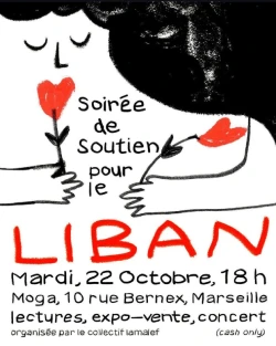 Affiche dessinée en noir, blanc et rouge avec les informations de l'événement et une silhouette qui tient des fleurs dans les mains