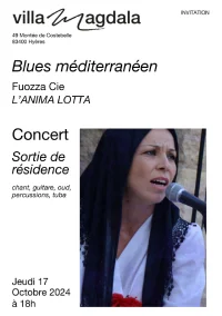 Visuel du concert de la Fuozza Cie avec les informations de l'événement et la photo d'une femme en habit traditionnel en train de chanter devant un micro