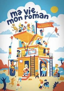 Affiche dessinée d'un spectacle jeune public avec différents personnages qui jouent et chantent autour d'une construction