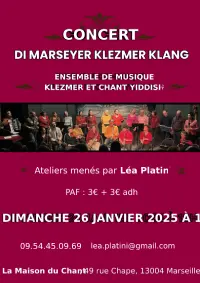 Visuel d'un concert klezmer avec les informations de l'événement et la photo d'un groupe de personnes en train de jouer ensemble