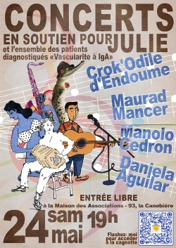 Visuel d'un événement musical avec les informations de la soirée et le dessin d'un ensemble d'artistes en train de jouer